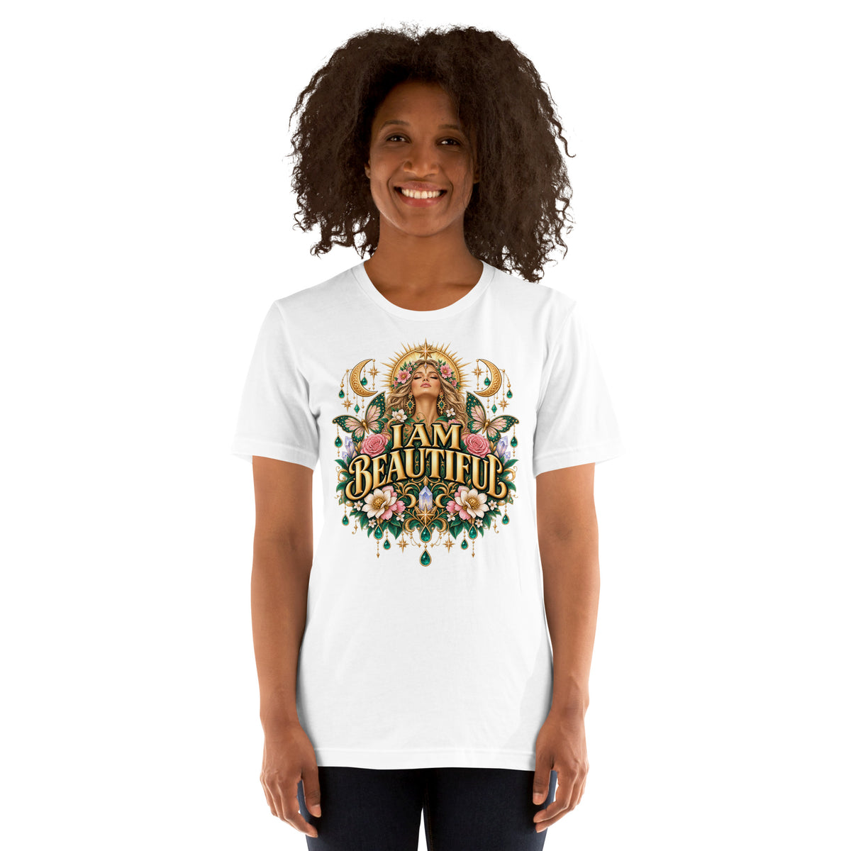 I Am Beautiful affirmation design with roses, butterflies and twin crescents in gold, on a white unisex t-shirt, front view