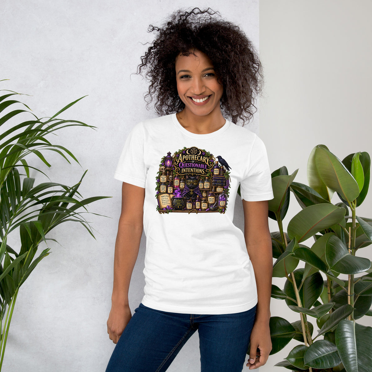 Apothecary of Questionable Intentions, a witchy black cat and two dozen potion bottles, on a white unisex t-shirt, front view