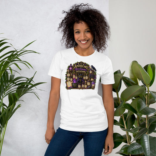 Apothecary of Questionable Intentions, a witchy black cat and two dozen potion bottles, on a white unisex t-shirt, front view