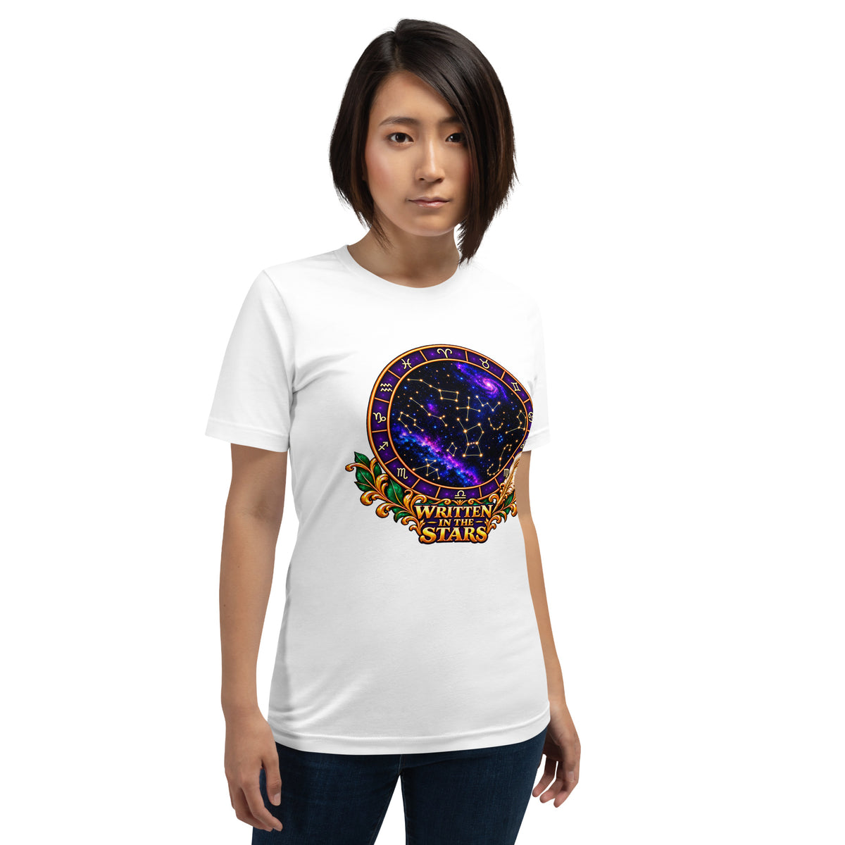 Written In The Stars astrology design, a zodiac wheel of constellations and a galaxy framed by gold scrollwork and a feather quill, on a white unisex t-shirt, front view