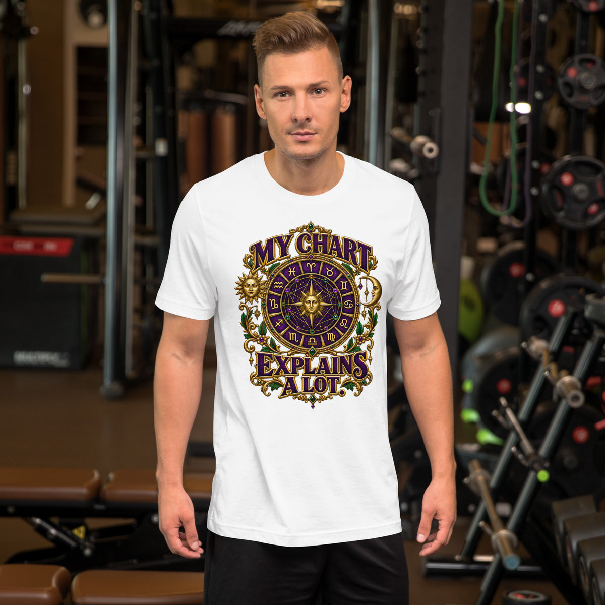 My Chart Explains A Lot astrology design, a purple and gold zodiac wheel with a gold sun face at its center, flanked by a sun and a crescent moon, on a white unisex t-shirt, front view