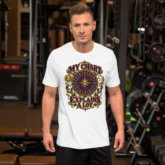 My Chart Explains A Lot astrology design, a purple and gold zodiac wheel with a gold sun face at its center, flanked by a sun and a crescent moon, on a white unisex t-shirt, front view