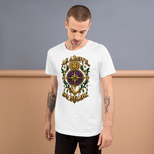 As Above, So Below astrology design, a gold sun face above a purple and gold compass rose with a crescent moon below, framed by emerald foliage, on a white unisex t-shirt, front view