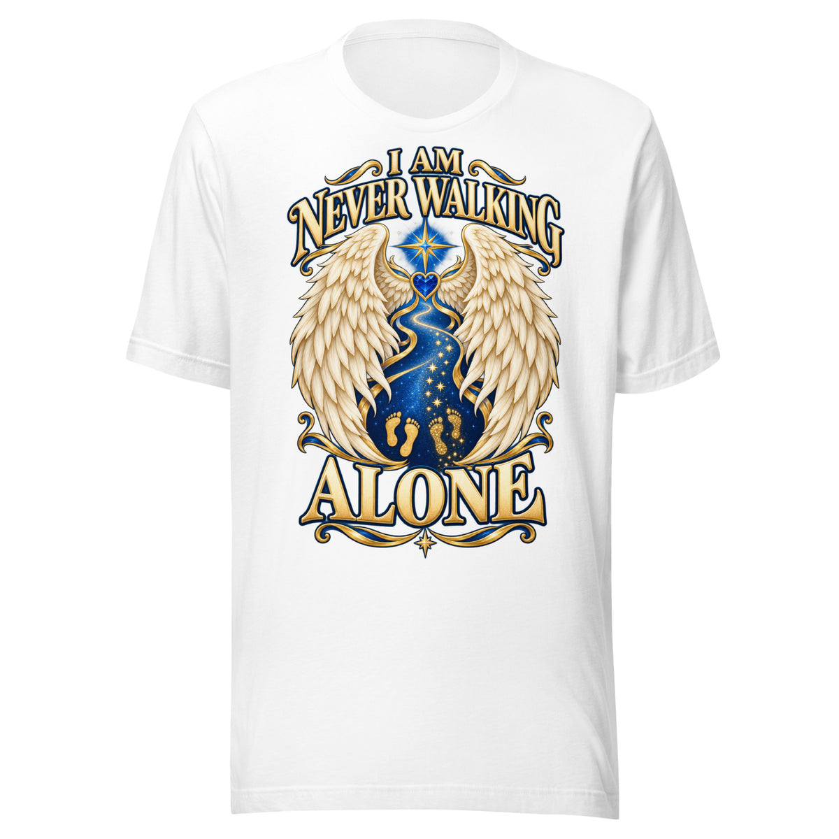 I Am Never Walking Alone design, cream angel wings framing a starry path with two sets of gold footprints and a blue gem heart, on a white unisex t-shirt, front view