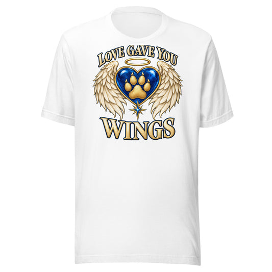 Love Gave You Wings design, a blue gem heart with a gold halo, cream angel wings and a gold dog paw print at its center, under gold lettering, on a white unisex t-shirt, front view