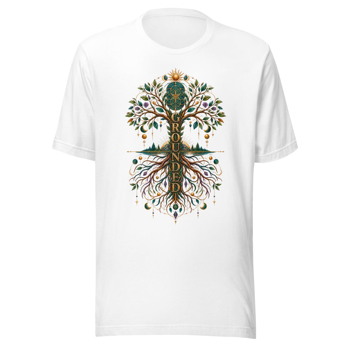 Grounded unisex t-shirt in white, front. An art nouveau tree of life with mirrored roots, sun and moon phases.