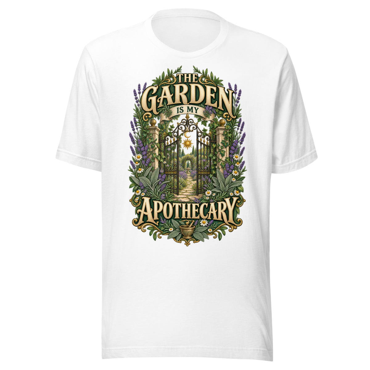 The Garden Is My Apothecary unisex t-shirt in white, front. Gold apothecary lettering with lavender, daisies and a mortar and pestle.