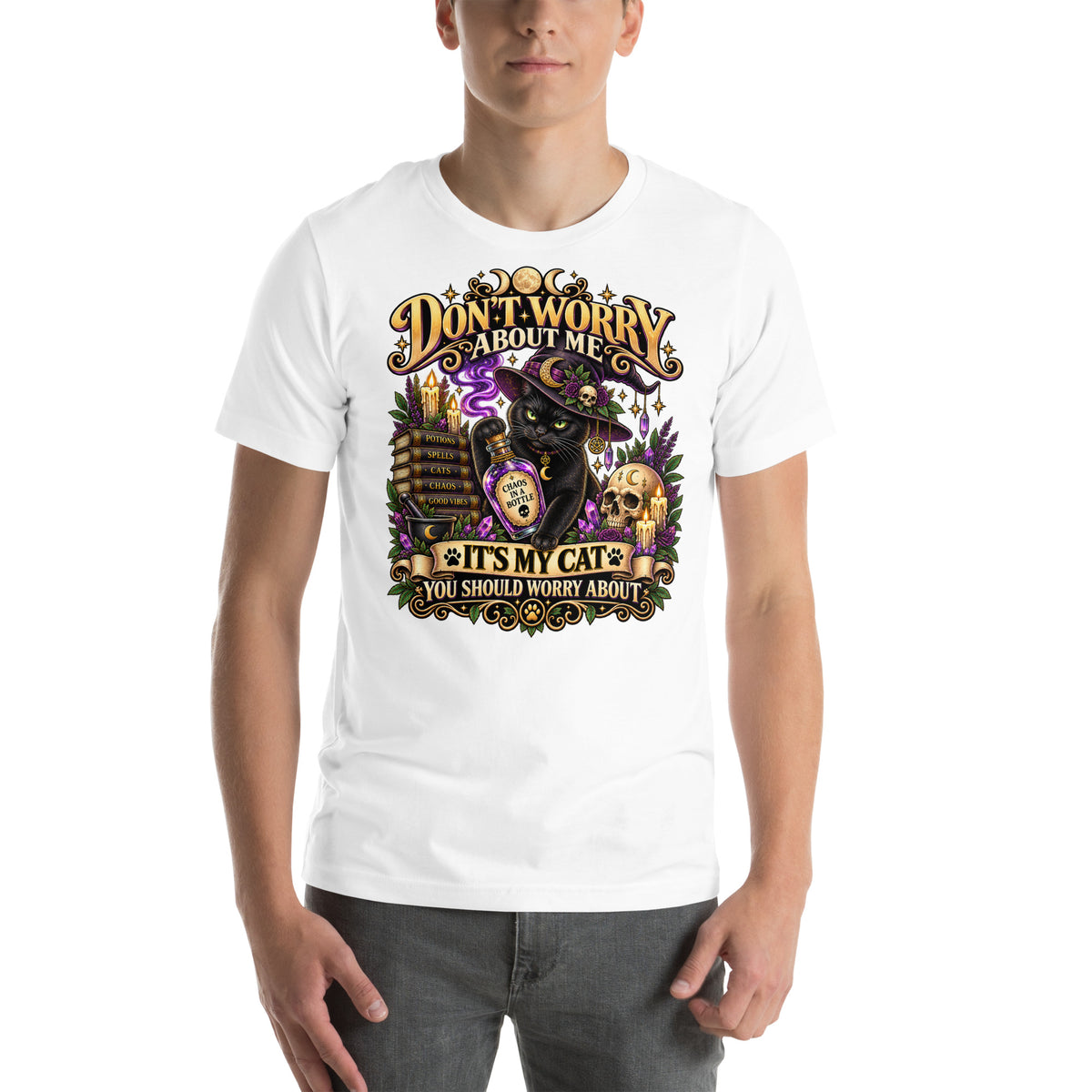 It's My Cat You Should Worry About black cat design on a White unisex t-shirt, front view