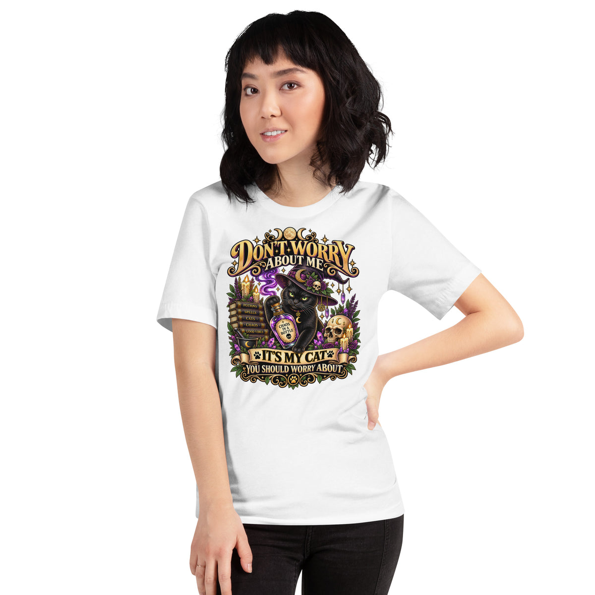 It's My Cat You Should Worry About black cat design on a White unisex t-shirt, front view