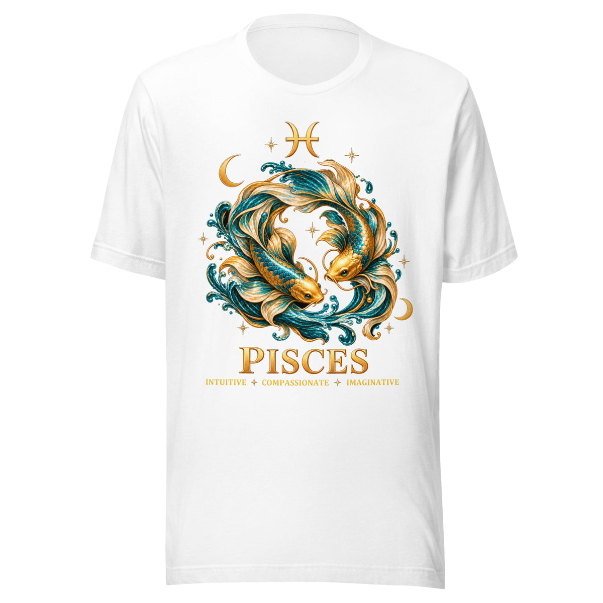 Pisces zodiac t-shirt in white, front: two gold and teal koi in a night sky of gold stars with the Pisces glyph