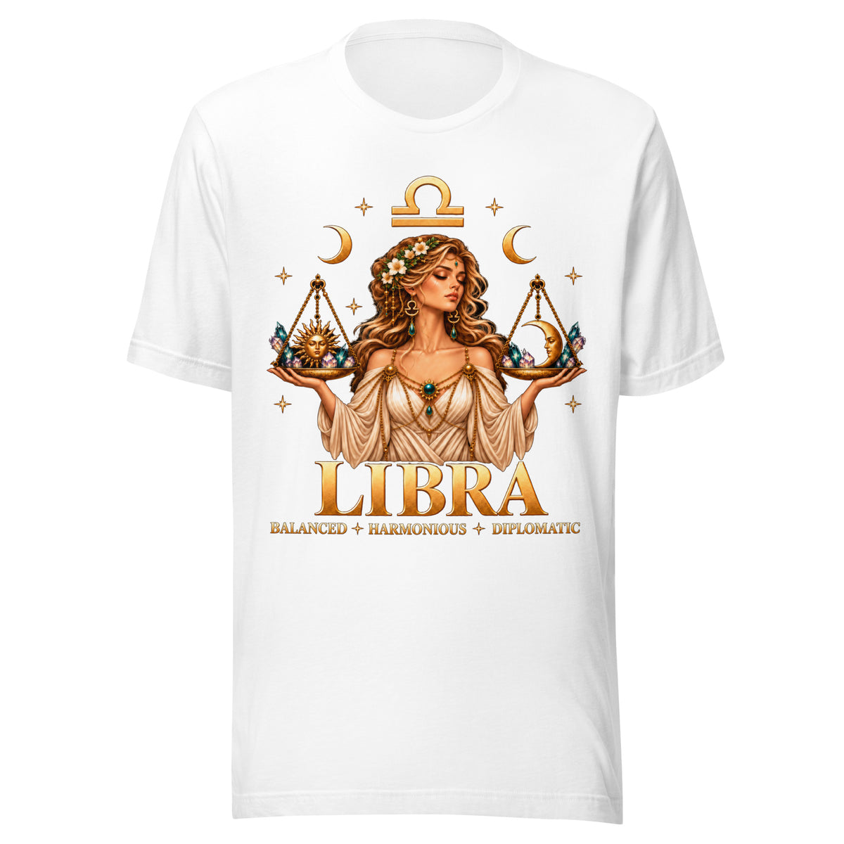 Libra zodiac t-shirt in white, front: a woman holding golden scales in a night sky of gold stars with the Libra glyph