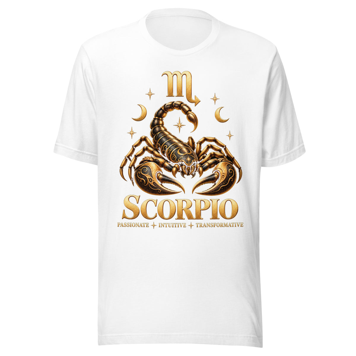 Scorpio zodiac t-shirt in white, front: a golden scorpion in a night sky of gold stars with the Scorpio glyph