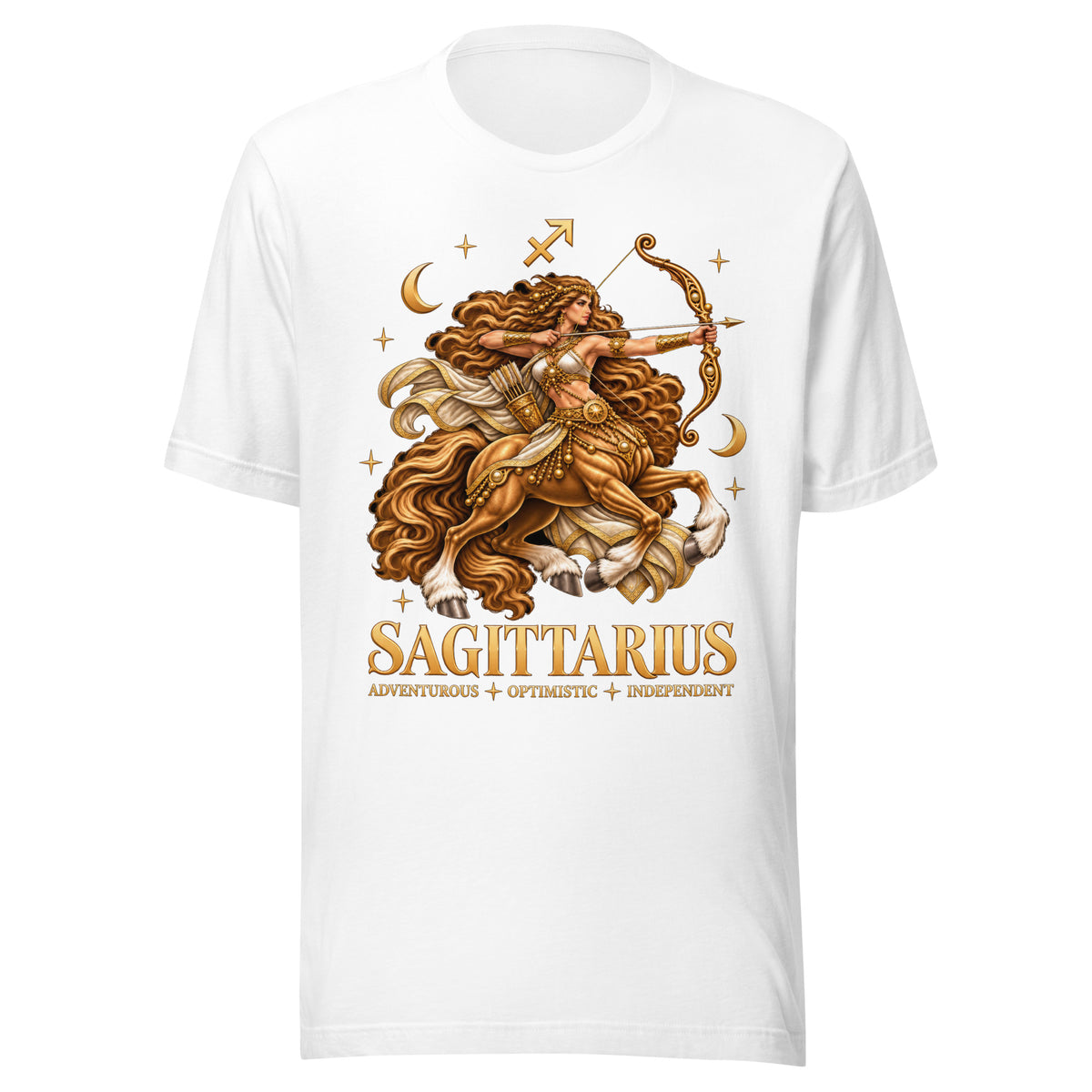 Sagittarius zodiac t-shirt in white, front: a golden centaur archer in a night sky of gold stars with the Sagittarius glyph
