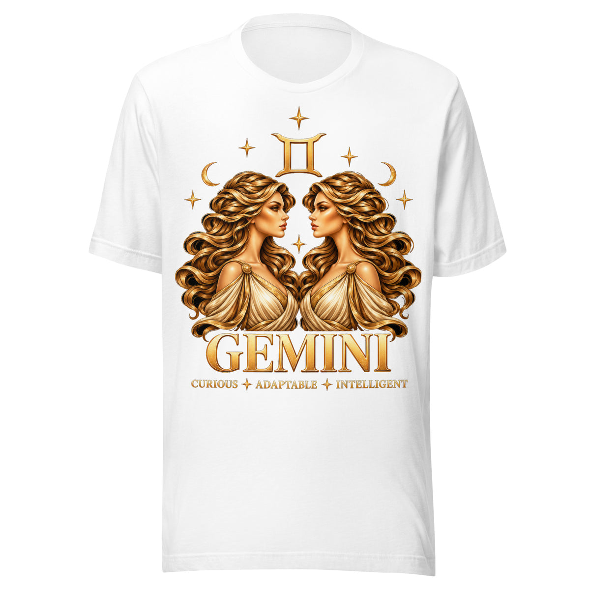 Gemini zodiac t-shirt in white, front: golden twins face to face in a night sky of gold stars