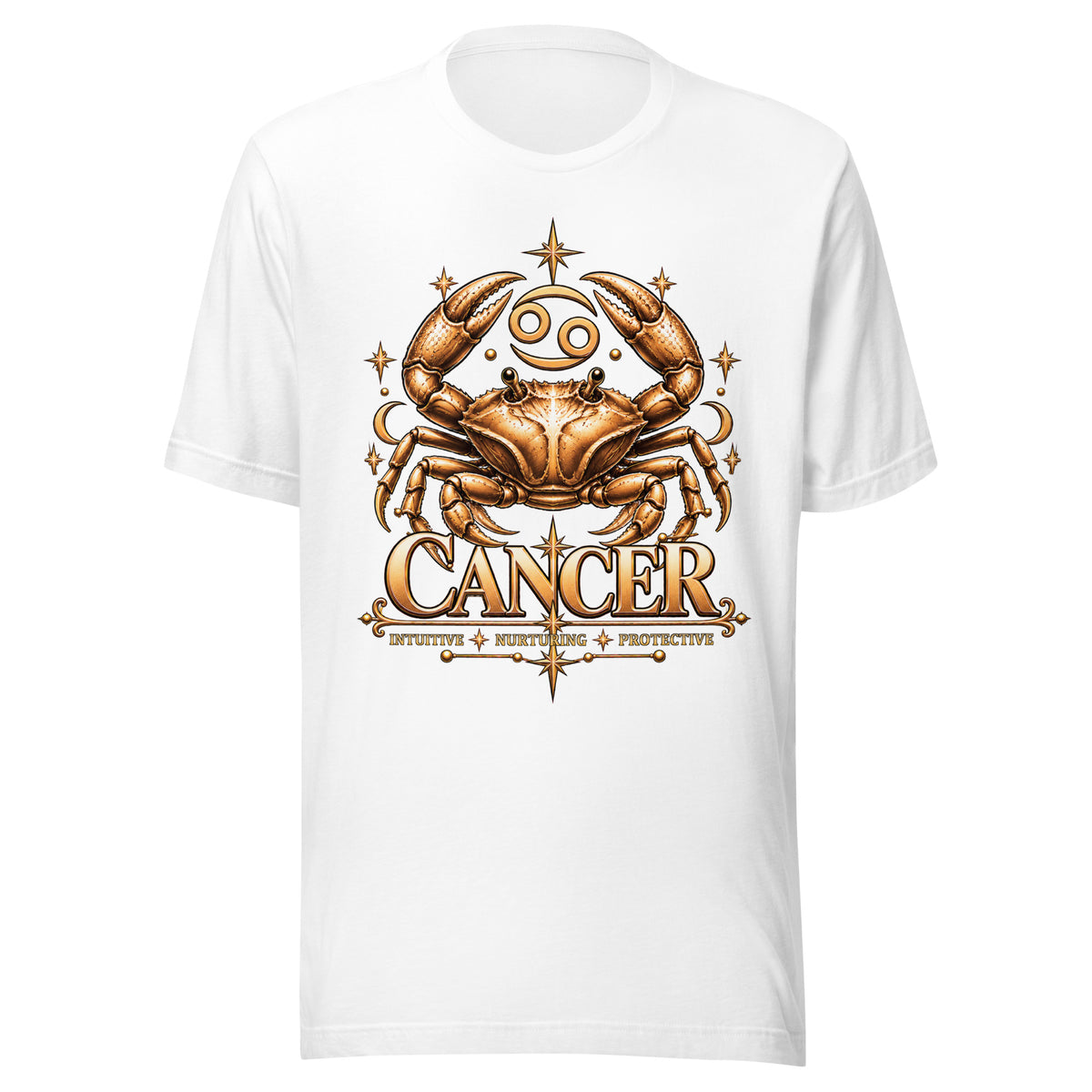 Cancer zodiac t-shirt in white, front: a golden crab with claws raised in a night sky of gold stars