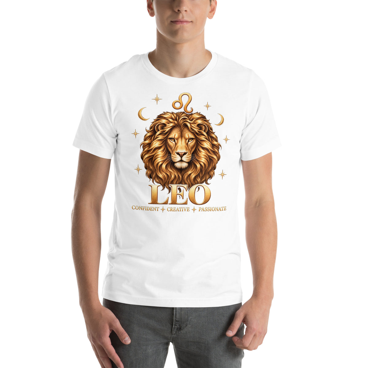 Leo zodiac t-shirt in white, front: a golden lion with a full flowing mane in a night sky of gold stars