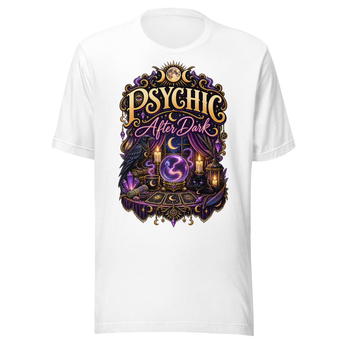 Psychic After Dark neon design, a black cat with a crystal ball, tarot cards and books, on a white unisex t-shirt, front view