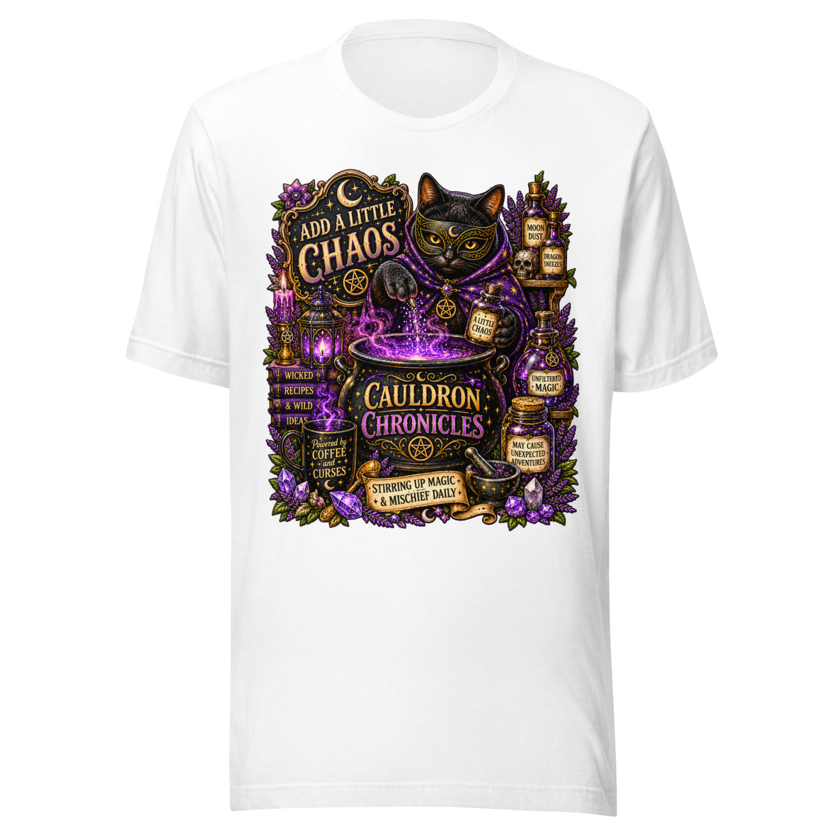 Add A Little Chaos design, a masked black cat stirring a bubbling purple cauldron, on a white unisex t-shirt, front view