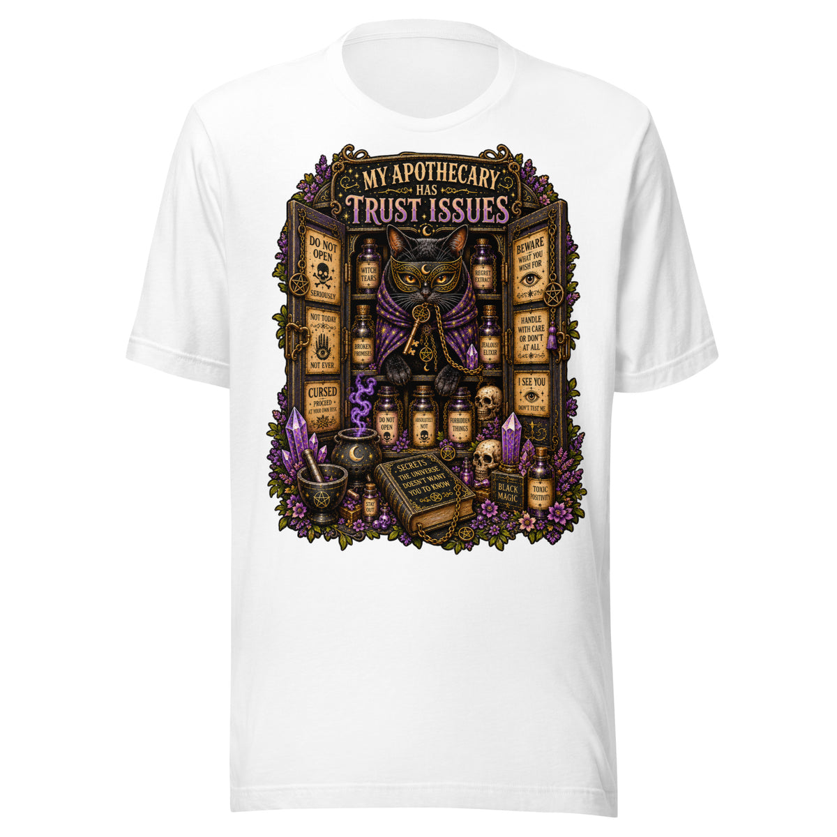 My Apothecary Has Trust Issues design, a masked black cat guarding a cabinet of labeled potions, on a white unisex t-shirt, front view
