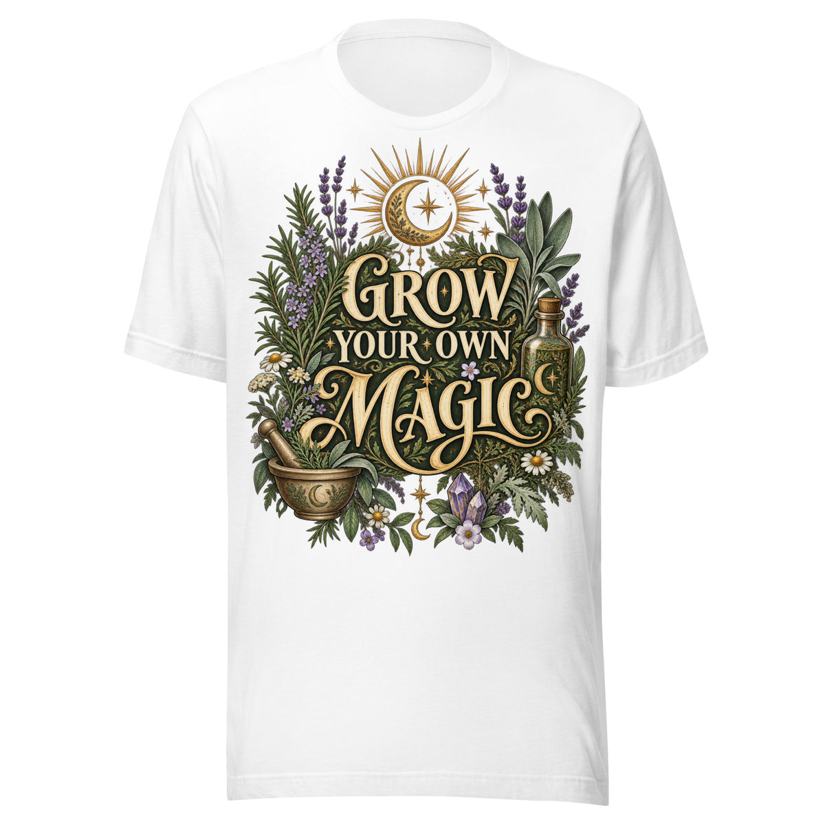 Grow Your Own Magic herbology design, herbs and a golden moon, on a white unisex t-shirt, front view