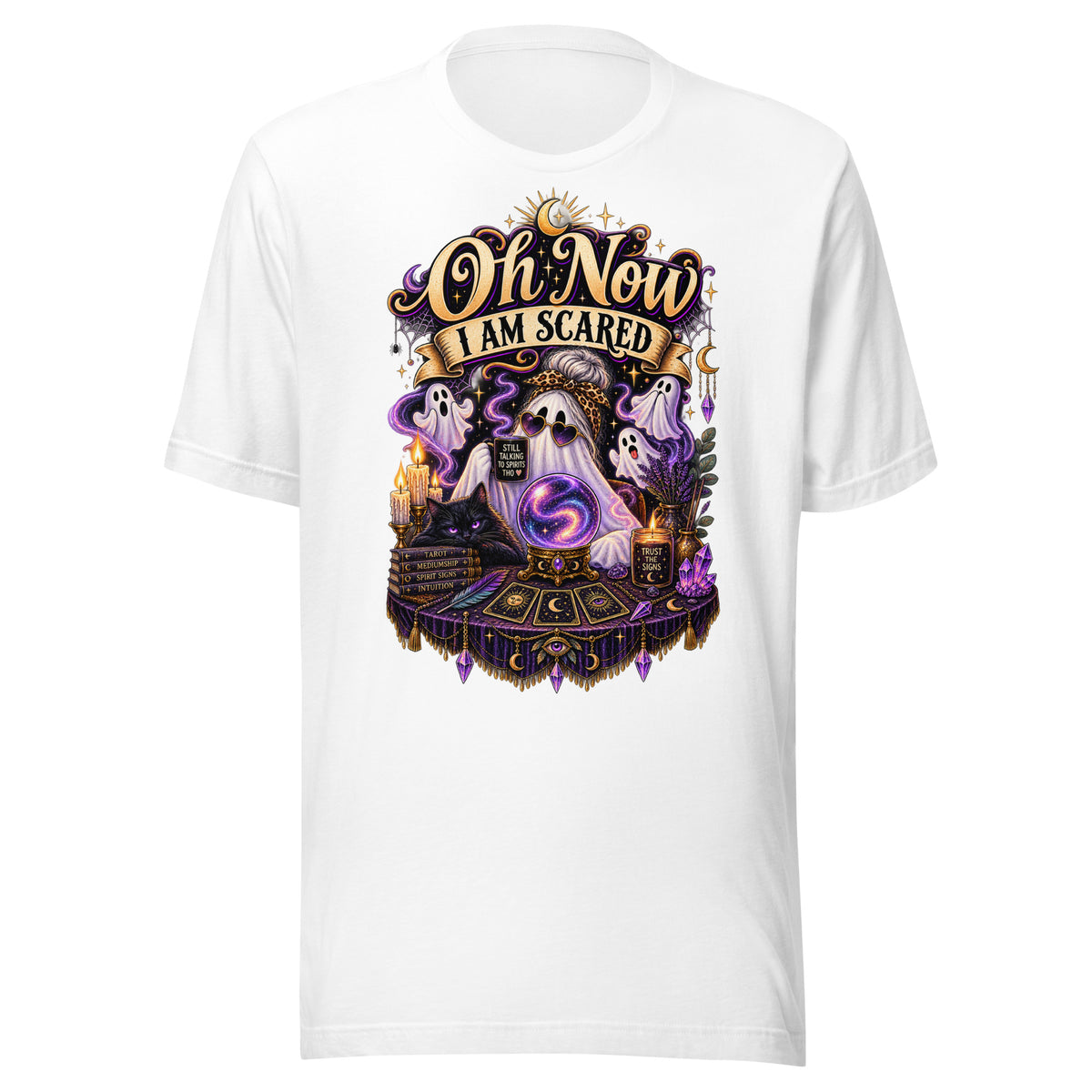 Oh Now I Am Scared design, a ghost in heart sunglasses reading a crystal ball with tarot cards, on a white unisex t-shirt, front view