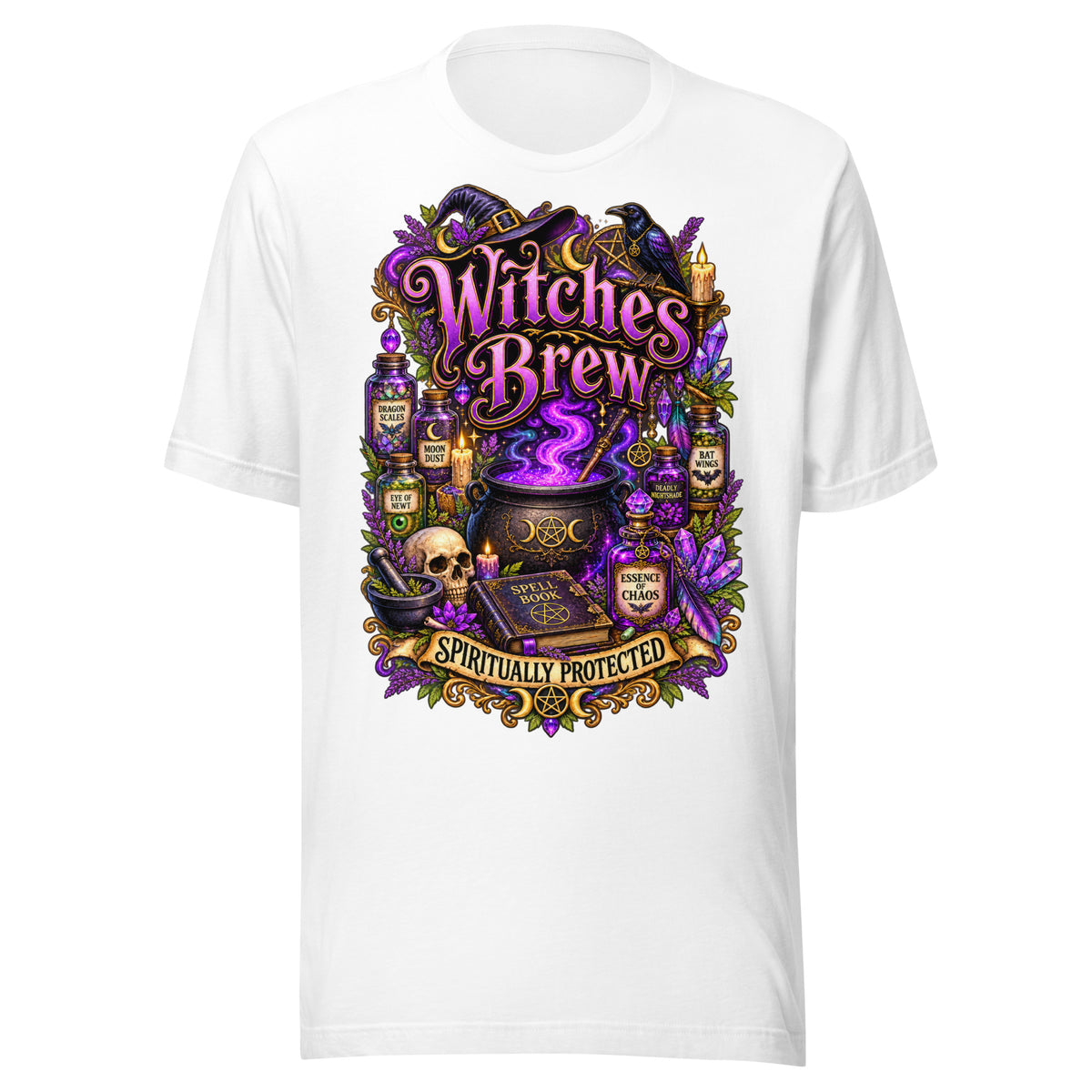 Witches Brew Spiritually Protected design, a bubbling cauldron with potion jars, on a white unisex t-shirt, front view