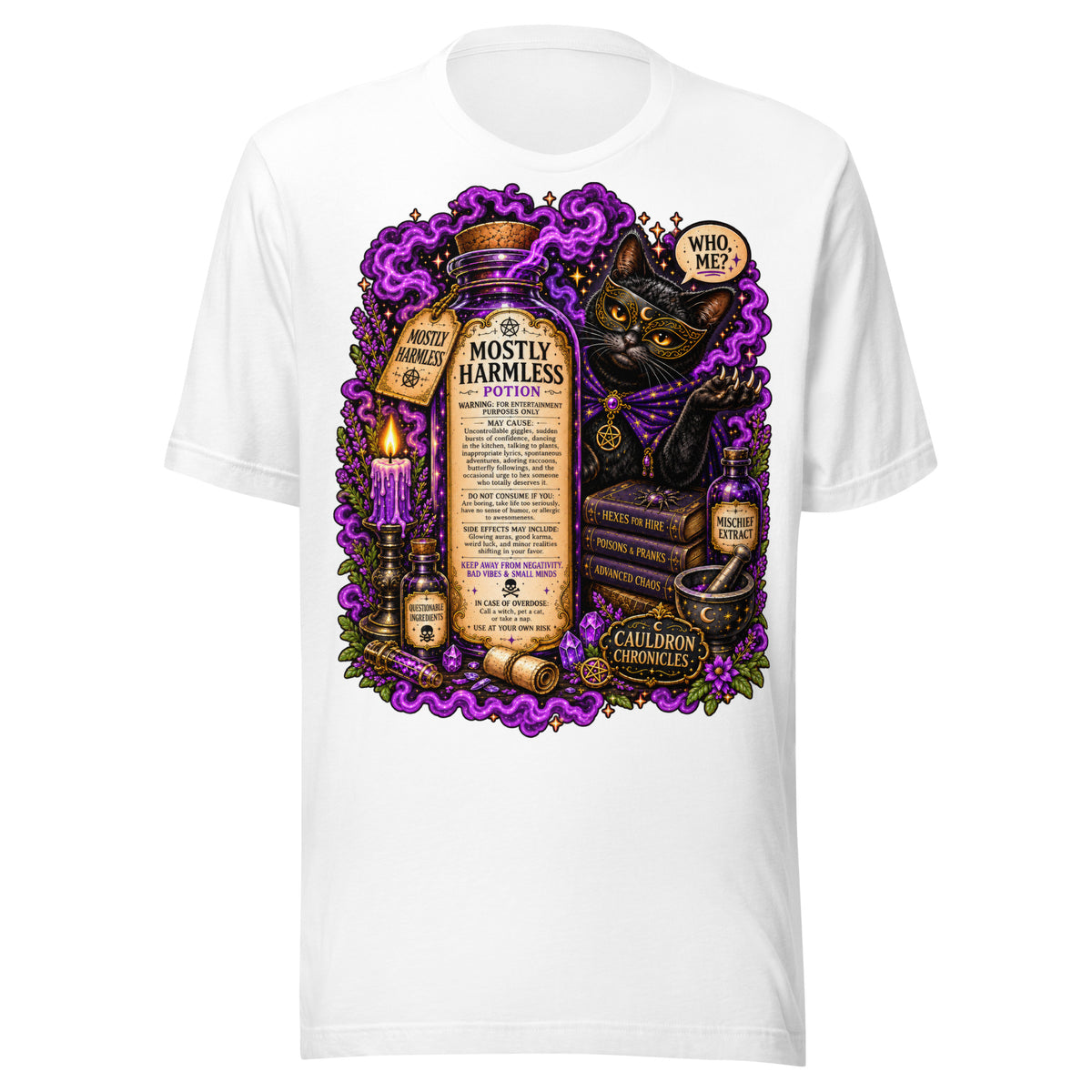 Mostly Harmless design, a potion bottle and a masked black cat, on a white unisex t-shirt, front view
