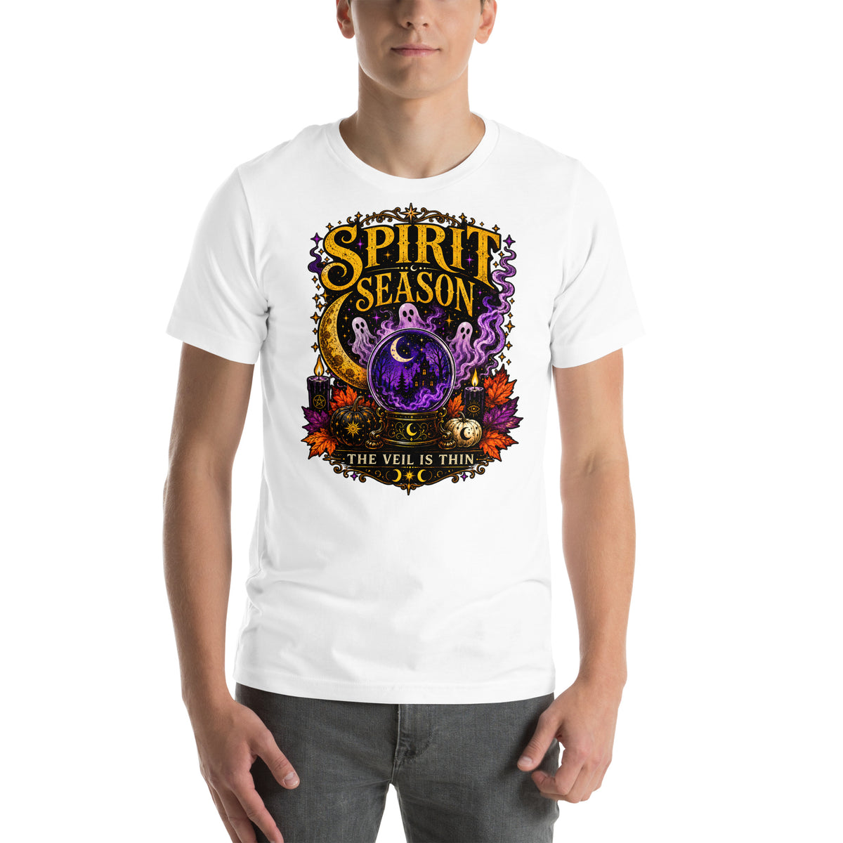 Spirit Season The Veil Is Thin design, three ghosts around a crystal ball under a golden moon, on a white unisex t-shirt, front view