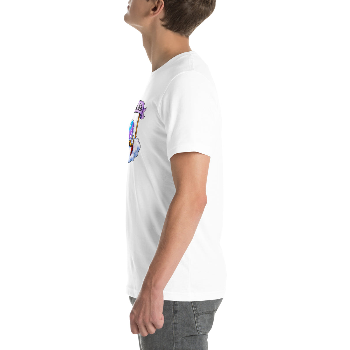 Psychic Is In design, playful floating clouds beneath a banner that reads Psychic Is Open for Business, on a white unisex t-shirt, left side view