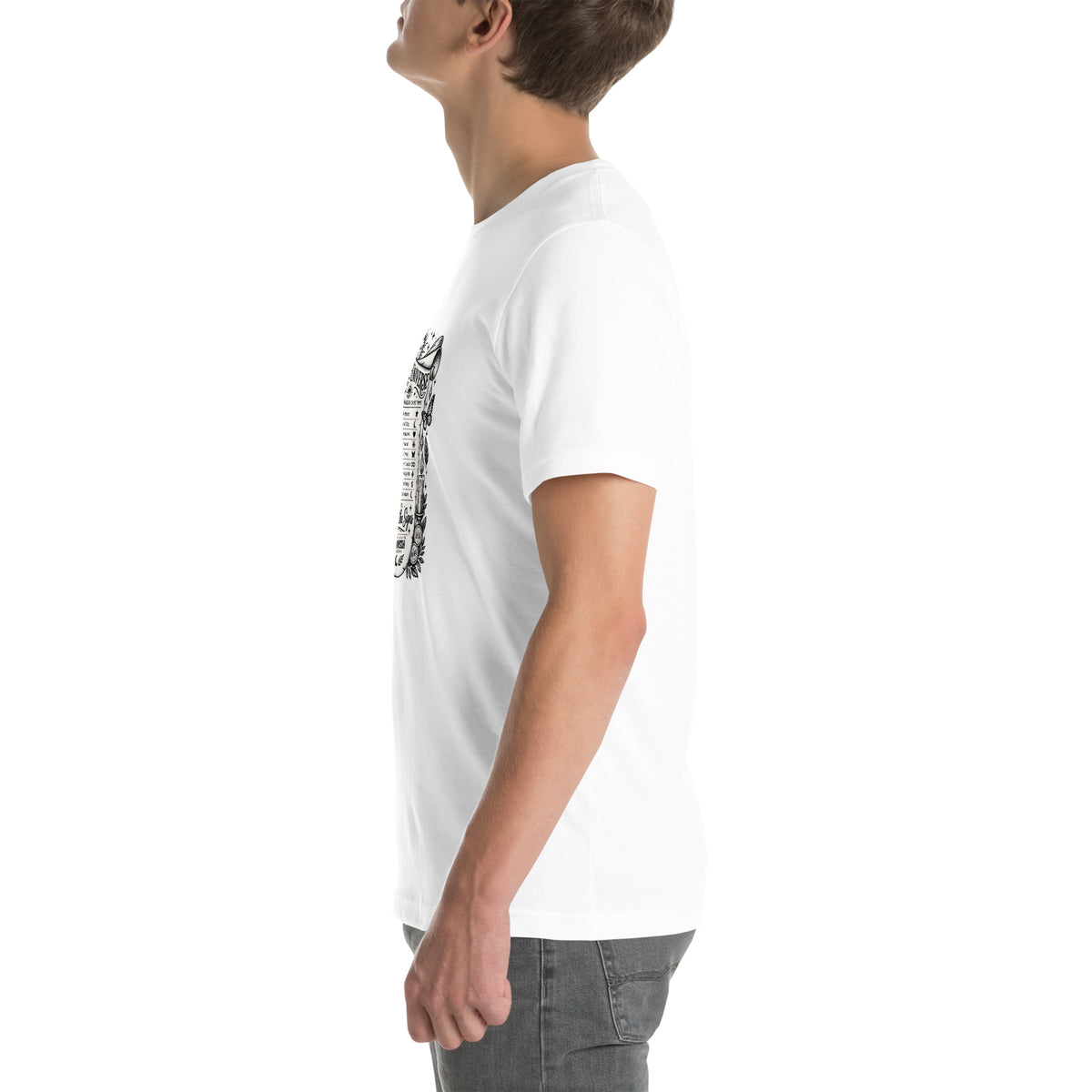 Trust the Signs design, a receipt from the Universe listing the angel numbers and their meanings, with a crystal ball and a candle, on a white unisex t-shirt, left side view