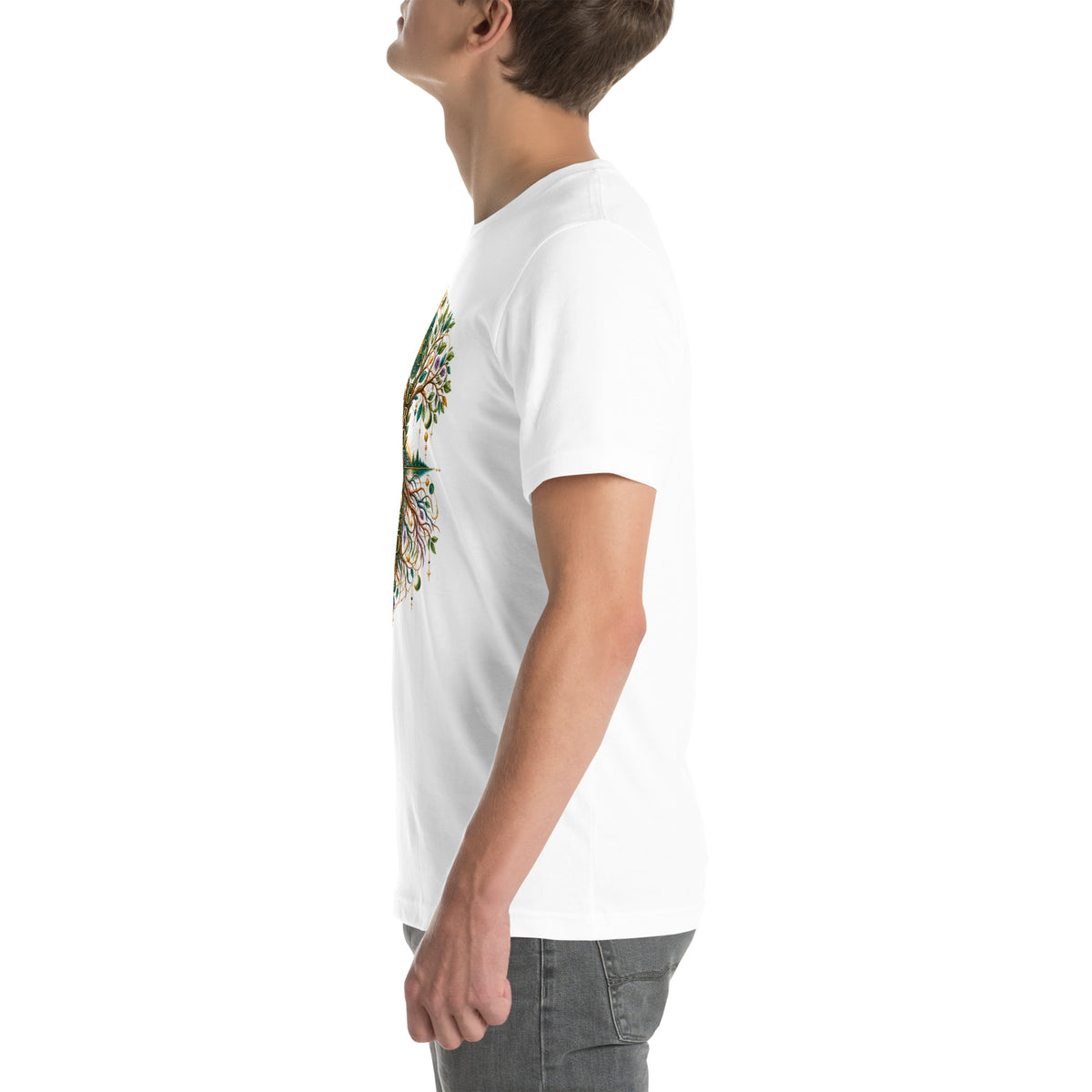 Grounded in Divine Energy design, on a white unisex t-shirt, left side view