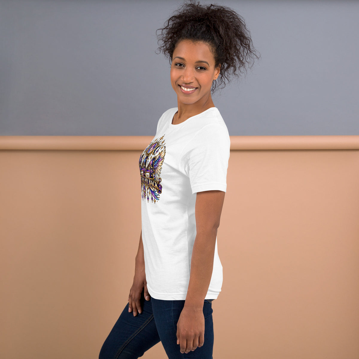 444 Spirit Has My Back angel number design, angel wings flanking the number beneath a galaxy orb and crescent moons, on a white unisex t-shirt, left side view