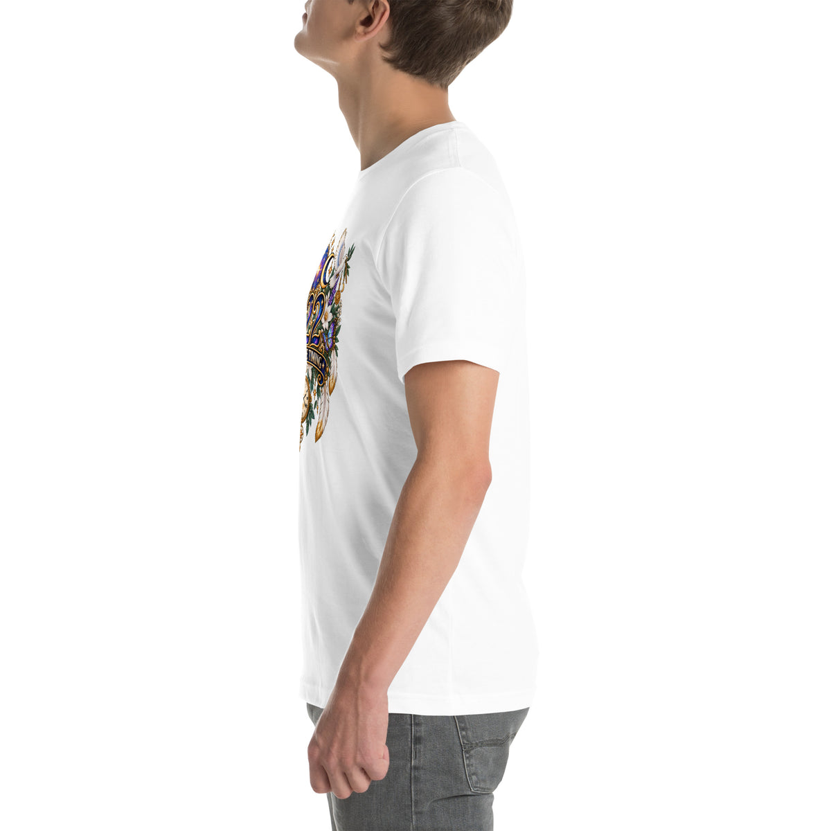 222 Trust The Timing angel number design, two white doves with olive branches, a gold pocket watch and white feathers, on a white unisex t-shirt, left side view