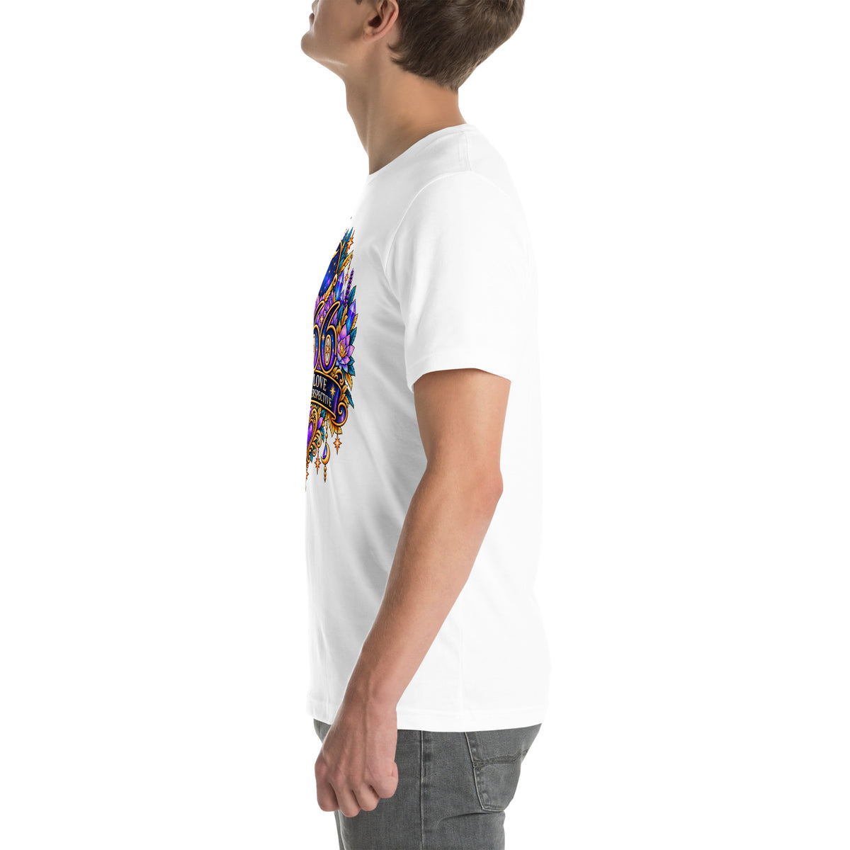 666 More Love angel number design, a crescent moon over a starry orb, with purple lotus flowers and blue crystals, on a white unisex t-shirt, left side view