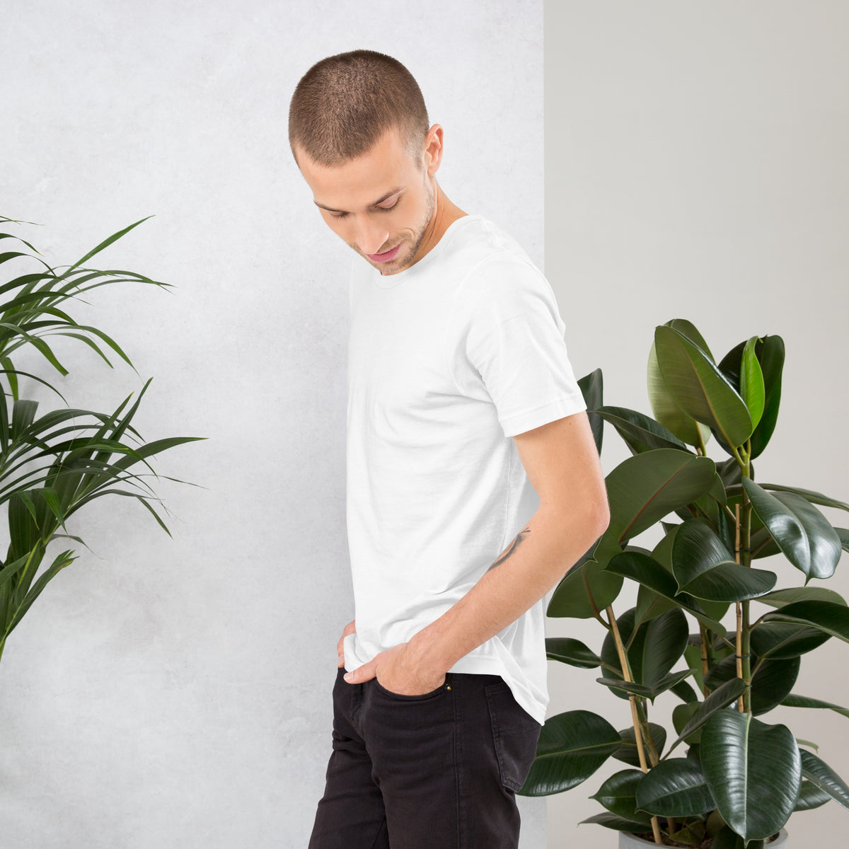 11:11 angel number design, the number set in plain white type above Notice, Align, Receive, on a white unisex t-shirt, left side view