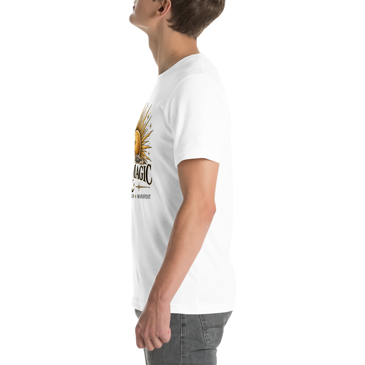 I Am Magic design with a gold sun face, Be Magical collection, on a white unisex t-shirt, left side view