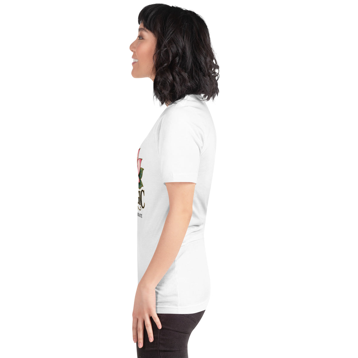 I Am Magic design with a gold lotus, Be Magical collection, on a white unisex t-shirt, left side view