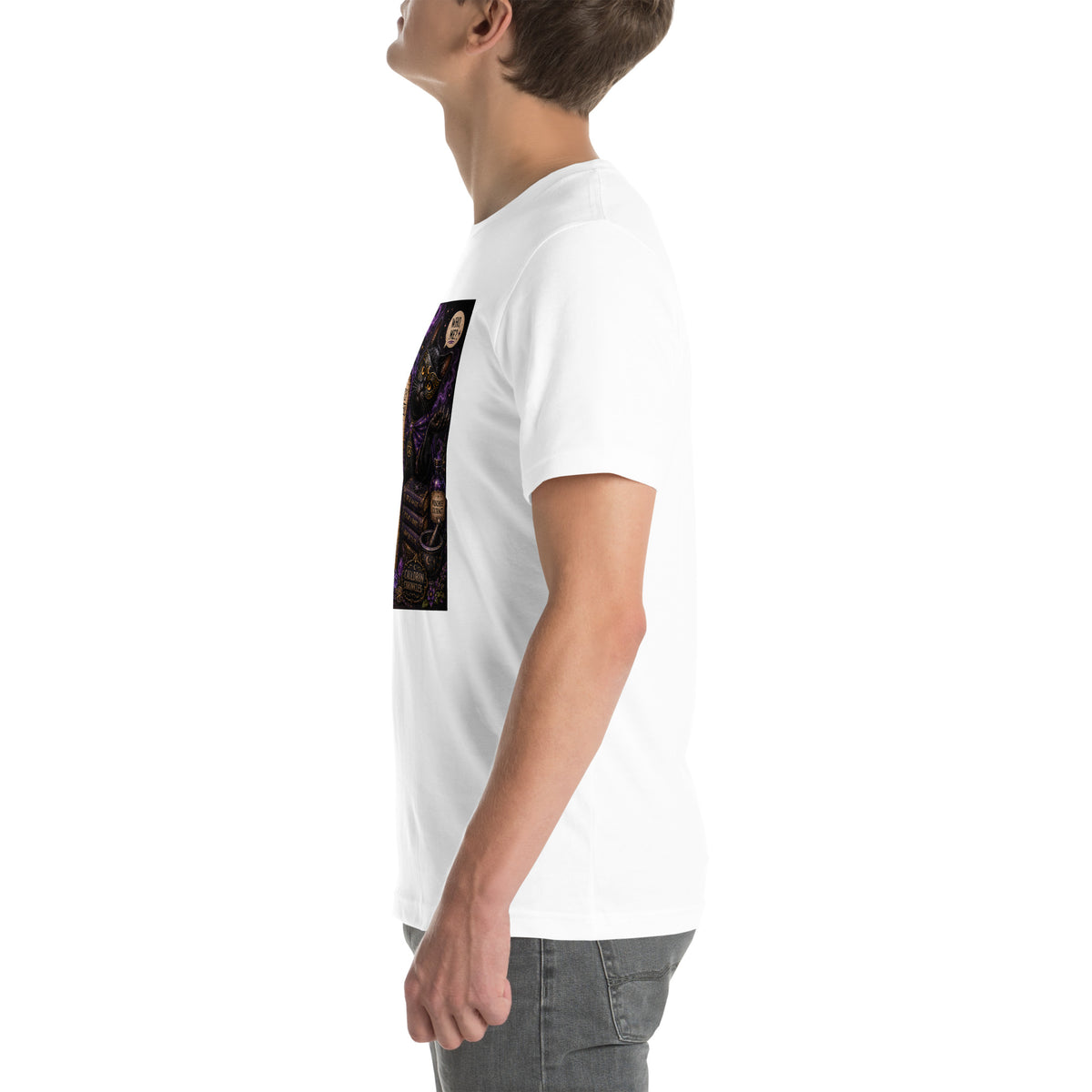 Mostly Harmless whimsigoth design, a potion bottle with a long warning label, on a white unisex t-shirt, left side view