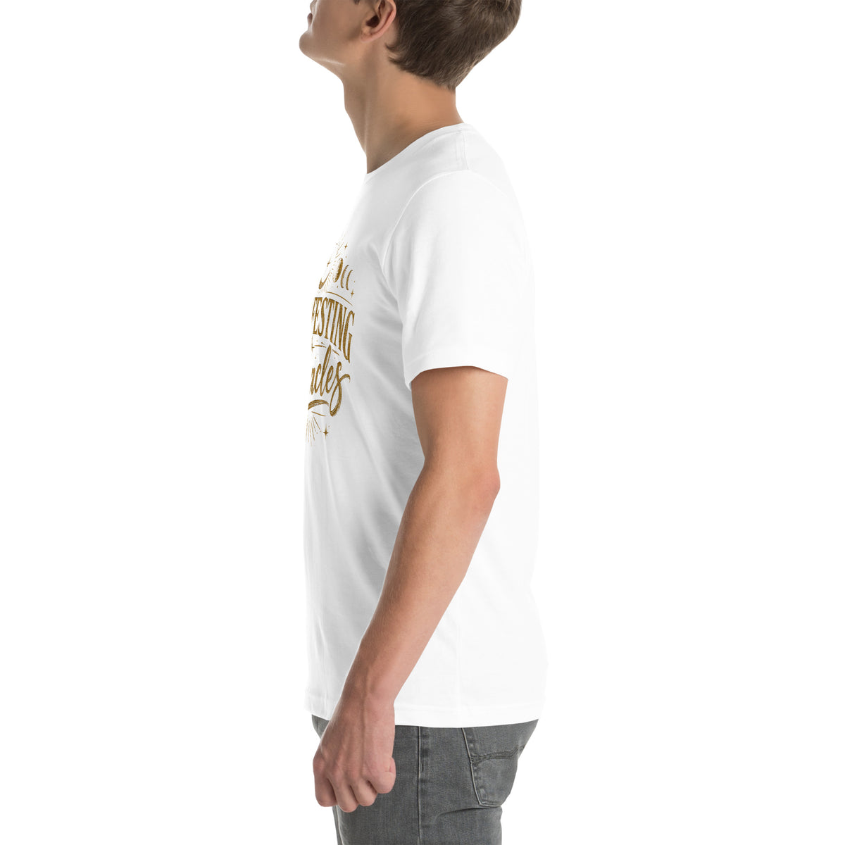 Manifesting Miracles design with moon phases in antique gold, on a white unisex t-shirt, left side view