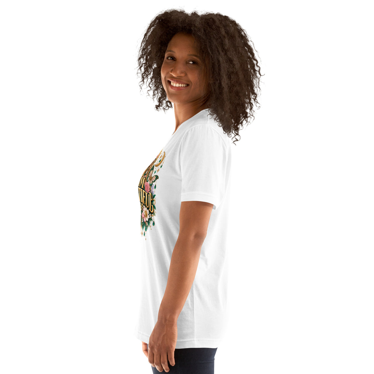 I Am Beautiful affirmation design with roses, butterflies and twin crescents in gold, on a white unisex t-shirt, left side view