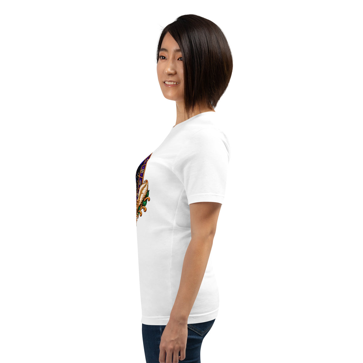 Written In The Stars astrology design, a zodiac wheel of constellations and a galaxy framed by gold scrollwork and a feather quill, on a white unisex t-shirt, left view