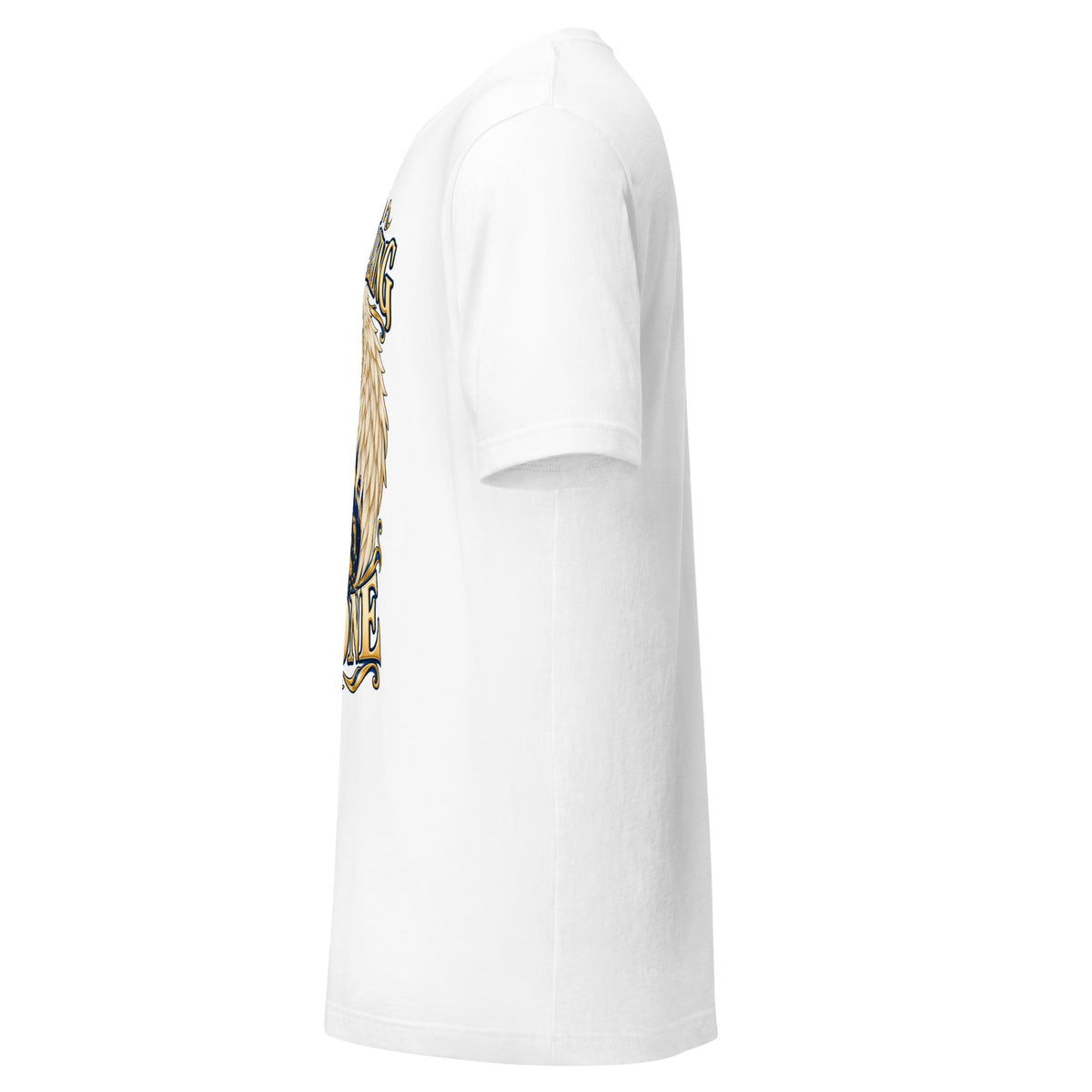 I Am Never Walking Alone design, cream angel wings framing a starry path with gold footprints, on a white unisex t-shirt, left side view