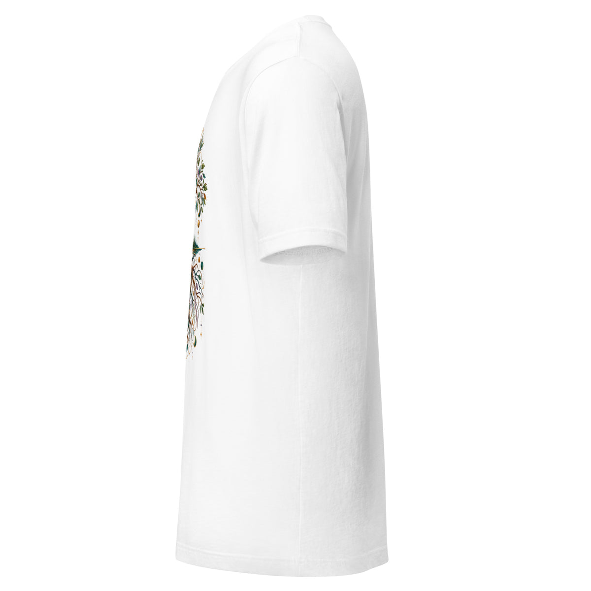 Grounded unisex t-shirt in white, left side, showing the sleeve and side seam.