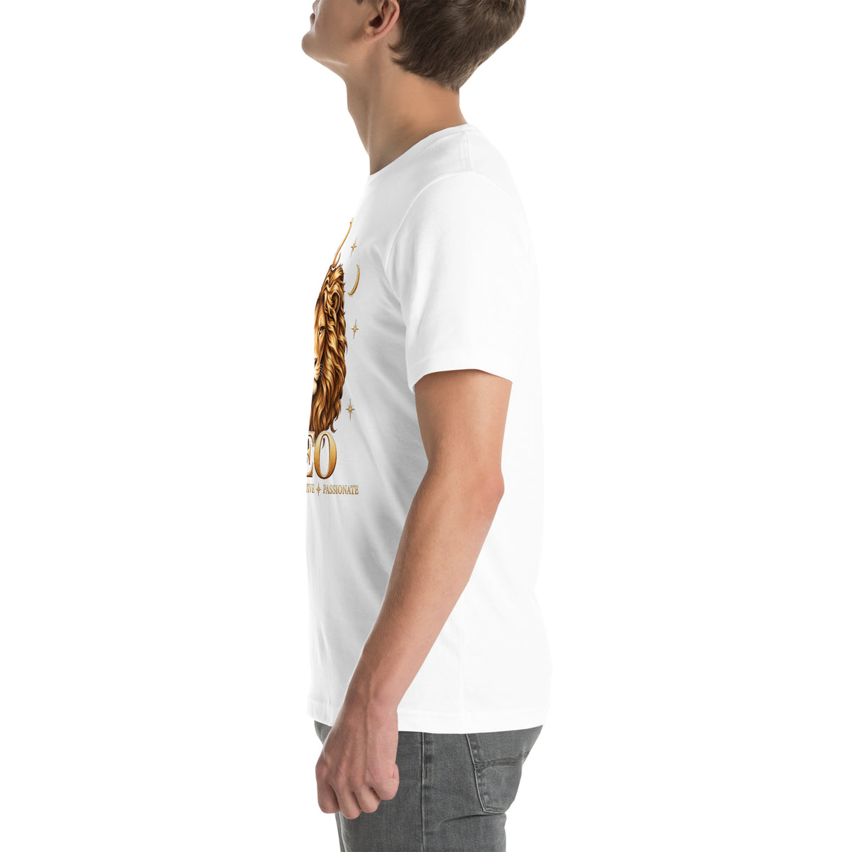 Leo zodiac t-shirt in white, left side view