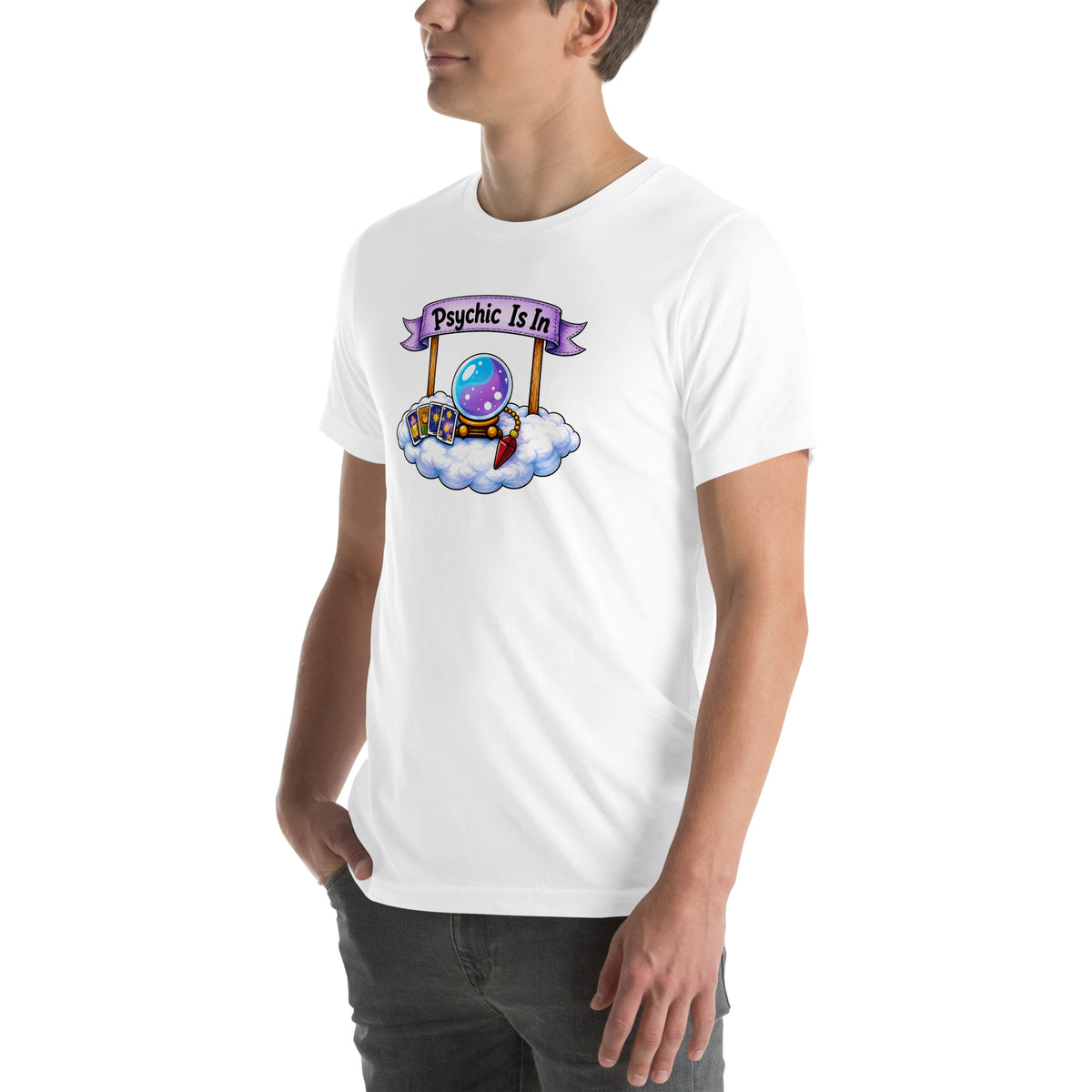 Psychic Is In design, playful floating clouds beneath a banner that reads Psychic Is Open for Business, on a white unisex t-shirt, angled left front view
