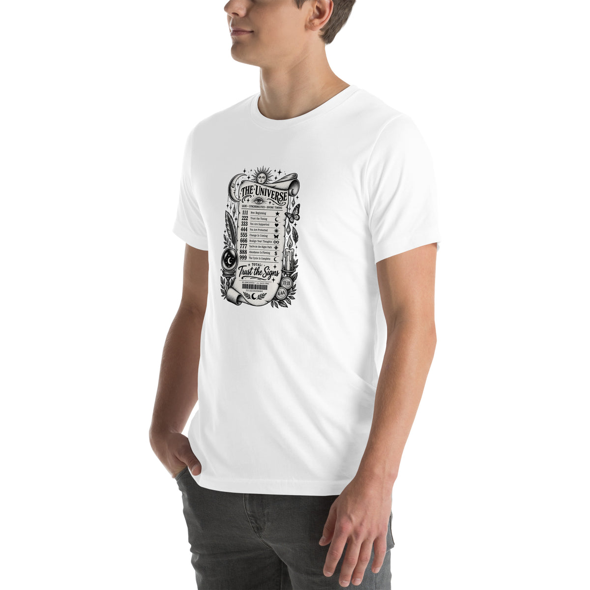 Trust the Signs design, a receipt from the Universe listing the angel numbers and their meanings, with a crystal ball and a candle, on a white unisex t-shirt, left front view
