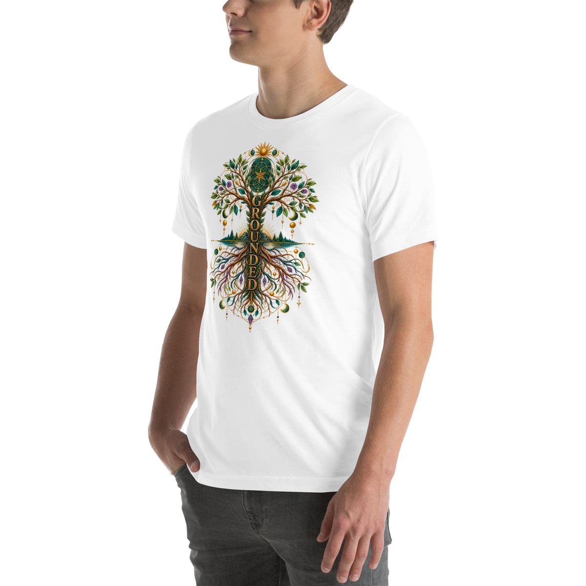 Grounded in Divine Energy design, on a white unisex t-shirt, angled left front view