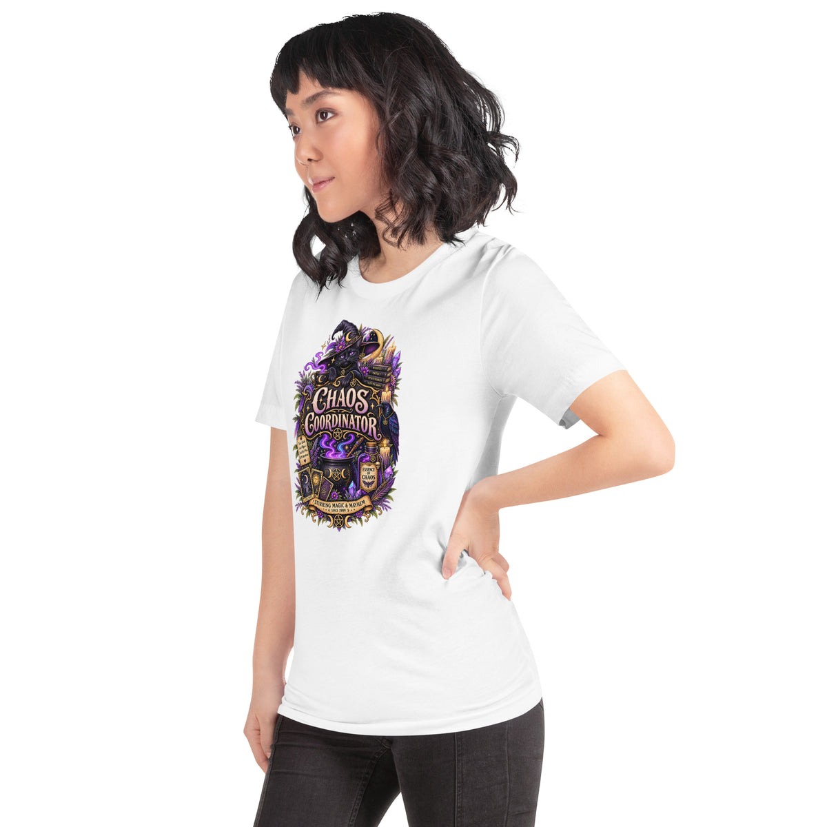 Chaos Coordinator whimsigoth design, a witchy black cat in a pointed hat, on a white unisex t-shirt, left front view