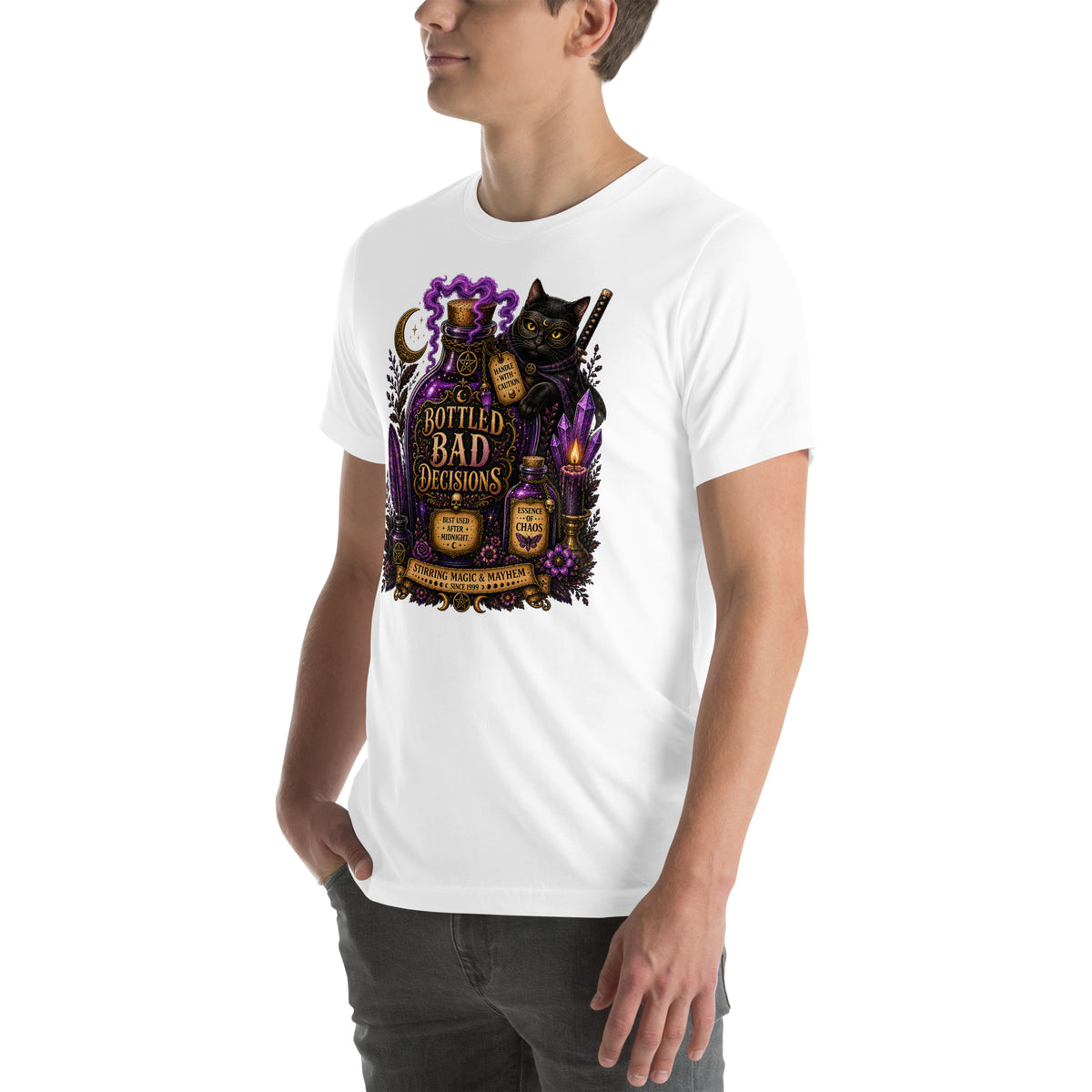 Bottled Bad Decisions whimsigoth design, a black cat and a glowing potion bottle, on a white unisex t-shirt, left front view