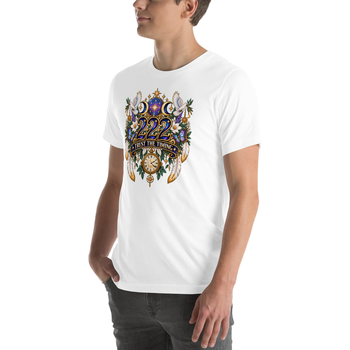 222 Trust The Timing angel number design, two white doves with olive branches, a gold pocket watch and white feathers, on a white unisex t-shirt, left front view